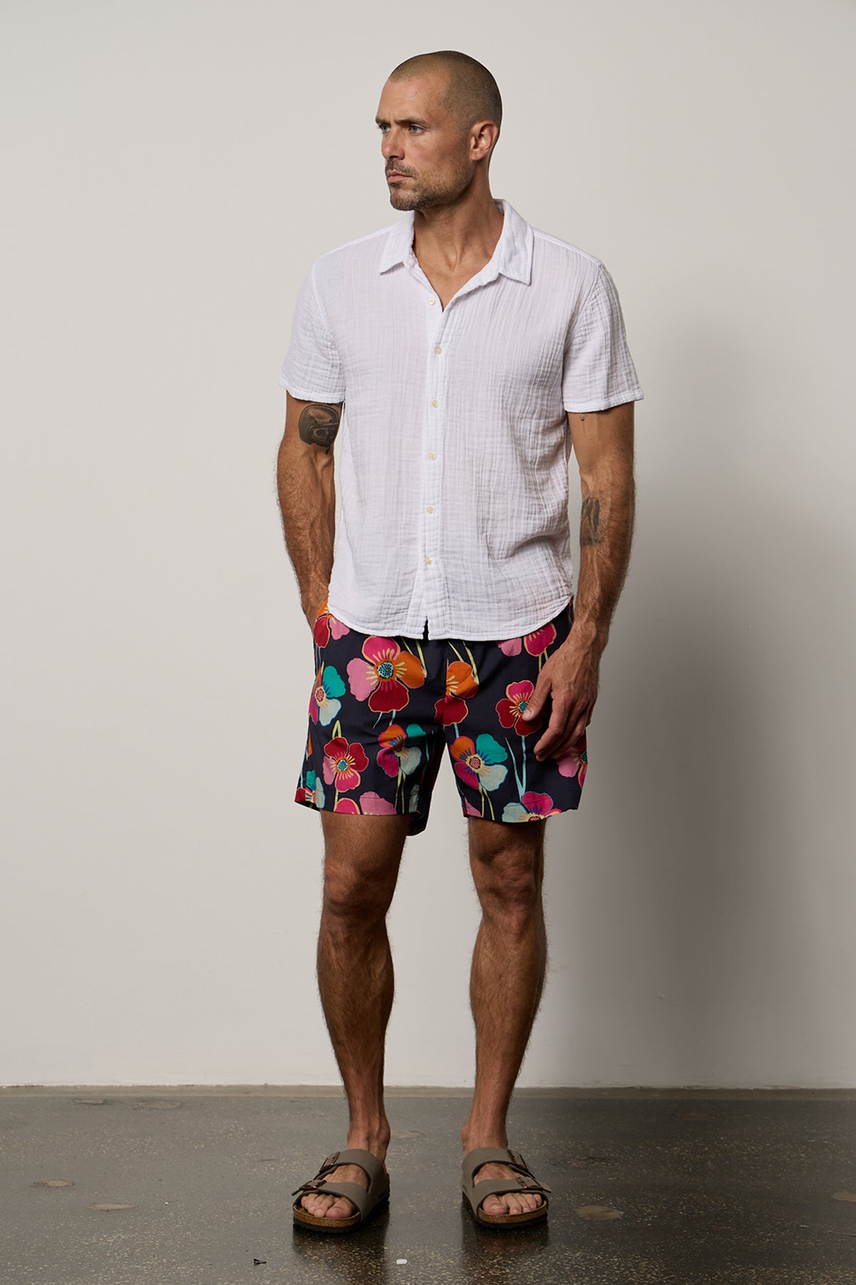   Christian Shirt in white with Colt shorts in bahama print and Birkenstocks full length front 