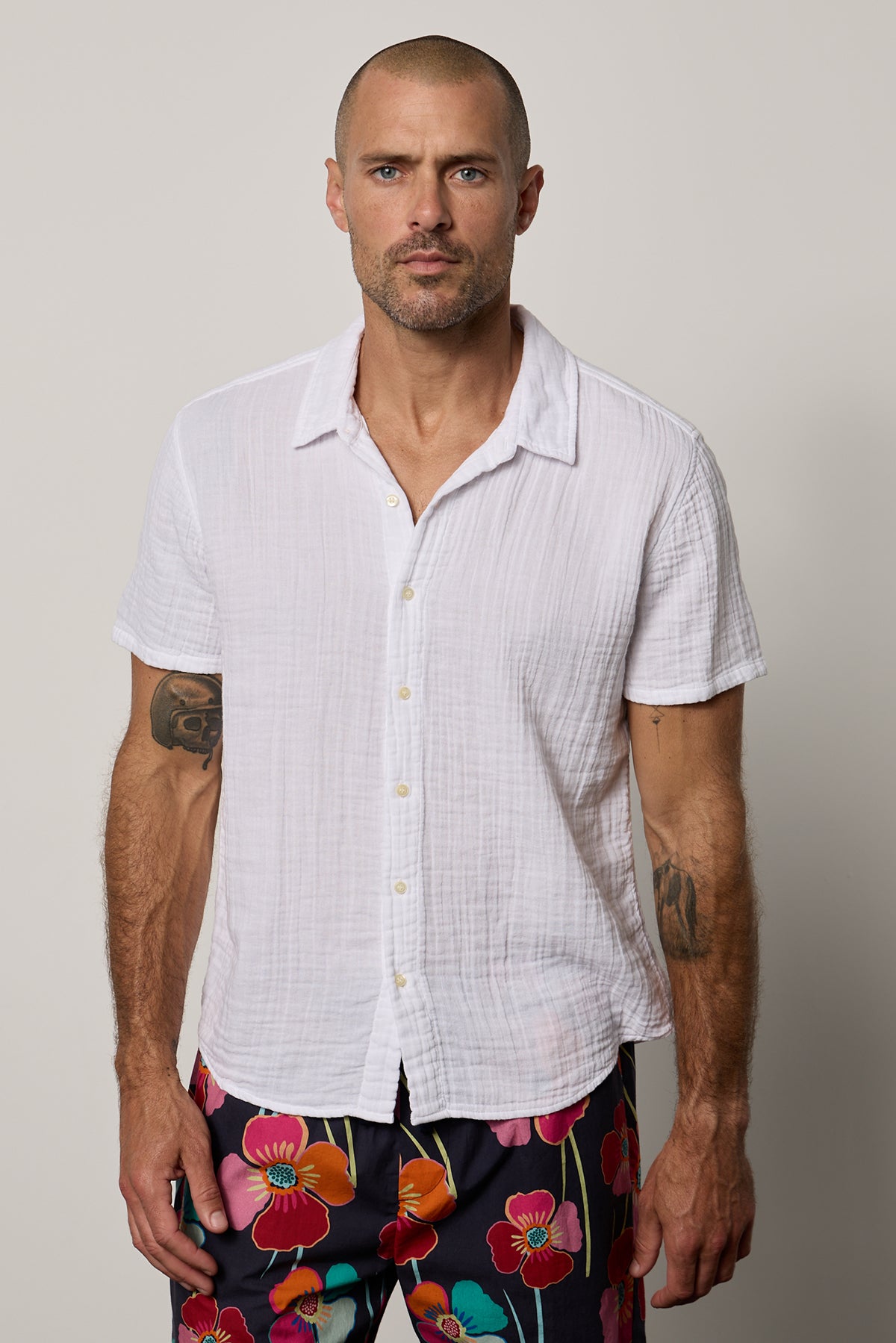   Christian Shirt in white with Colt shorts in bahama print front 