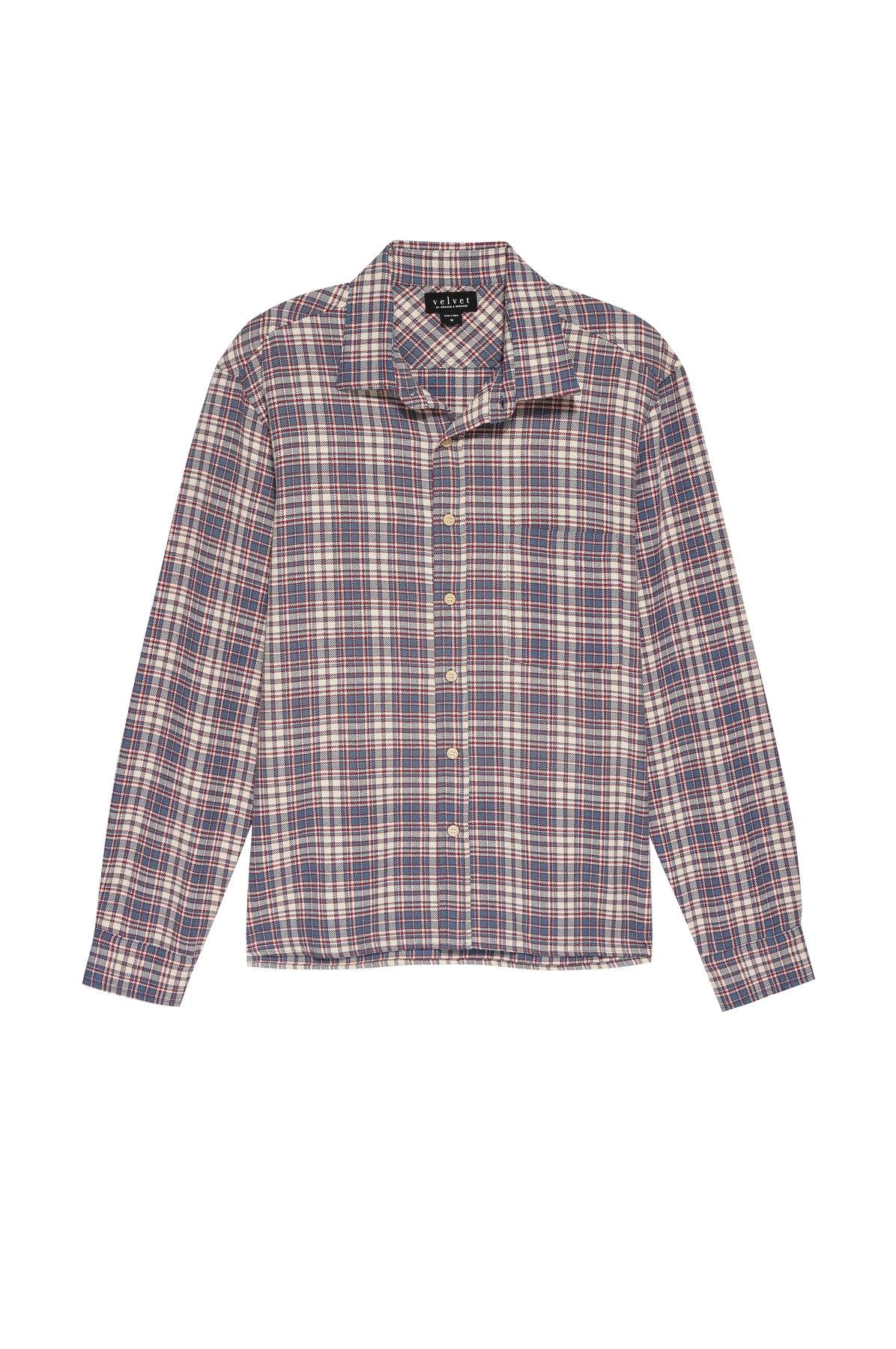   A Velvet by Graham & Spencer STAN PLAID BUTTON-UP SHIRT with a collar and cuffs. 