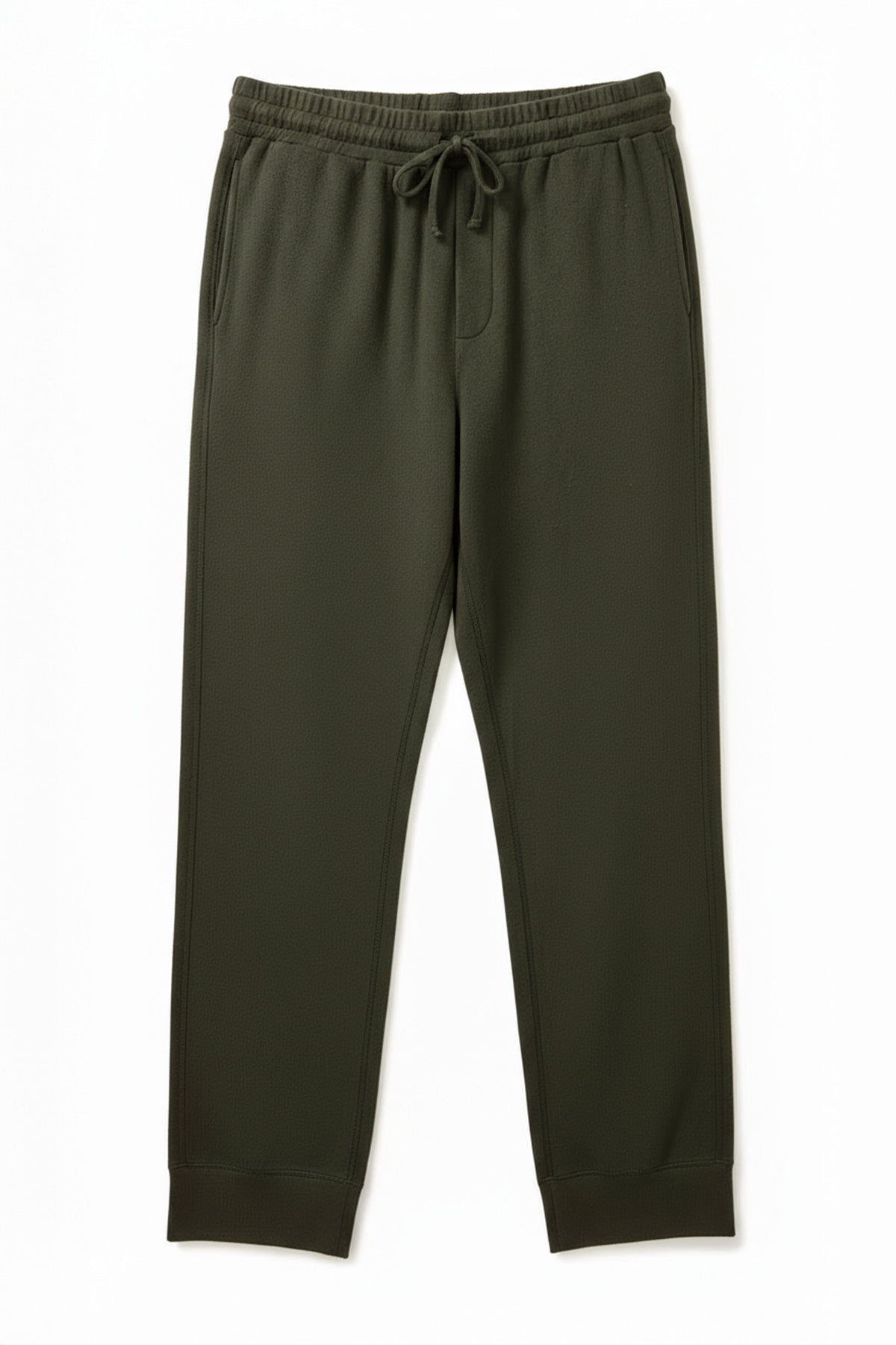 The ZEALAND SWEATPANT by Velvet by Graham & Spencer is a dark green, ultra-soft pant featuring an elasticized drawstring waist and side pockets, shown laid flat on a white background.