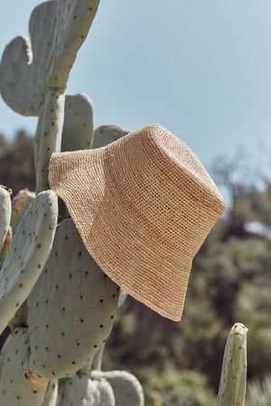 A CHIC CROCHET BUCKET HAT by Velvet by Graham & Spencer sitting on top of a cactus.