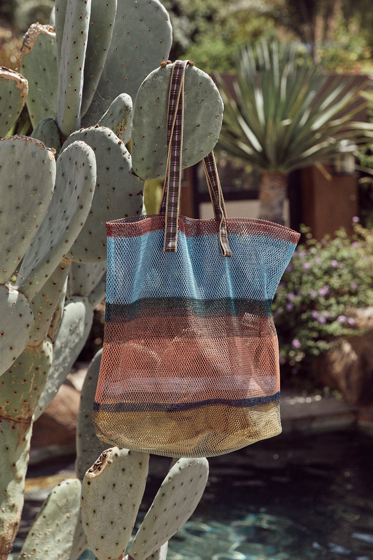   Large Striped Mesh Tote by Epice in Coral Hanging From Cactus. 