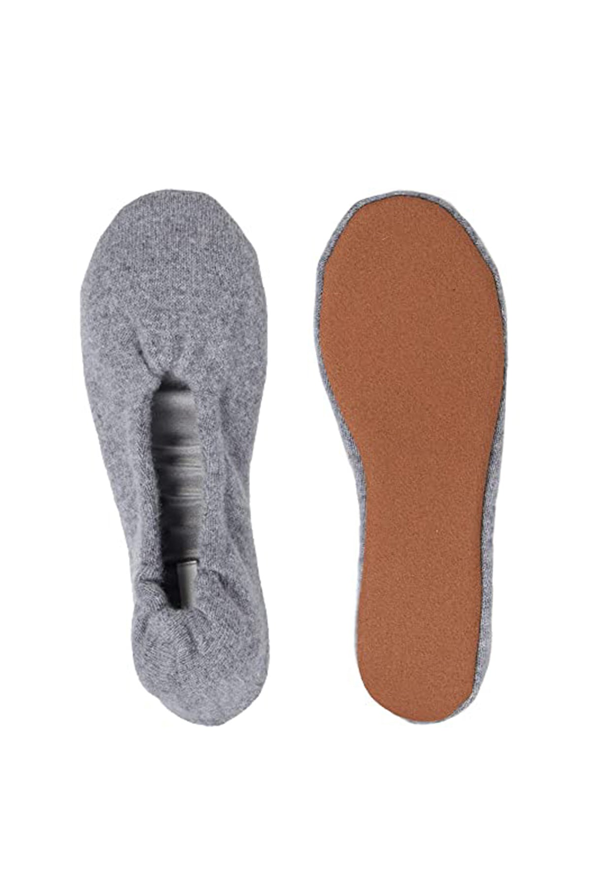   A pair of Cashmere Ballet Flat Slippers by Skin in timeless and enduring grey color on a white surface. 