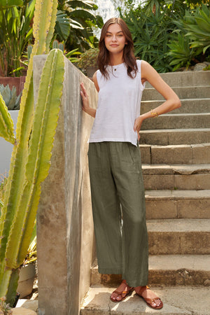 Lola linen pant in olive green with Ellen Tank in white.