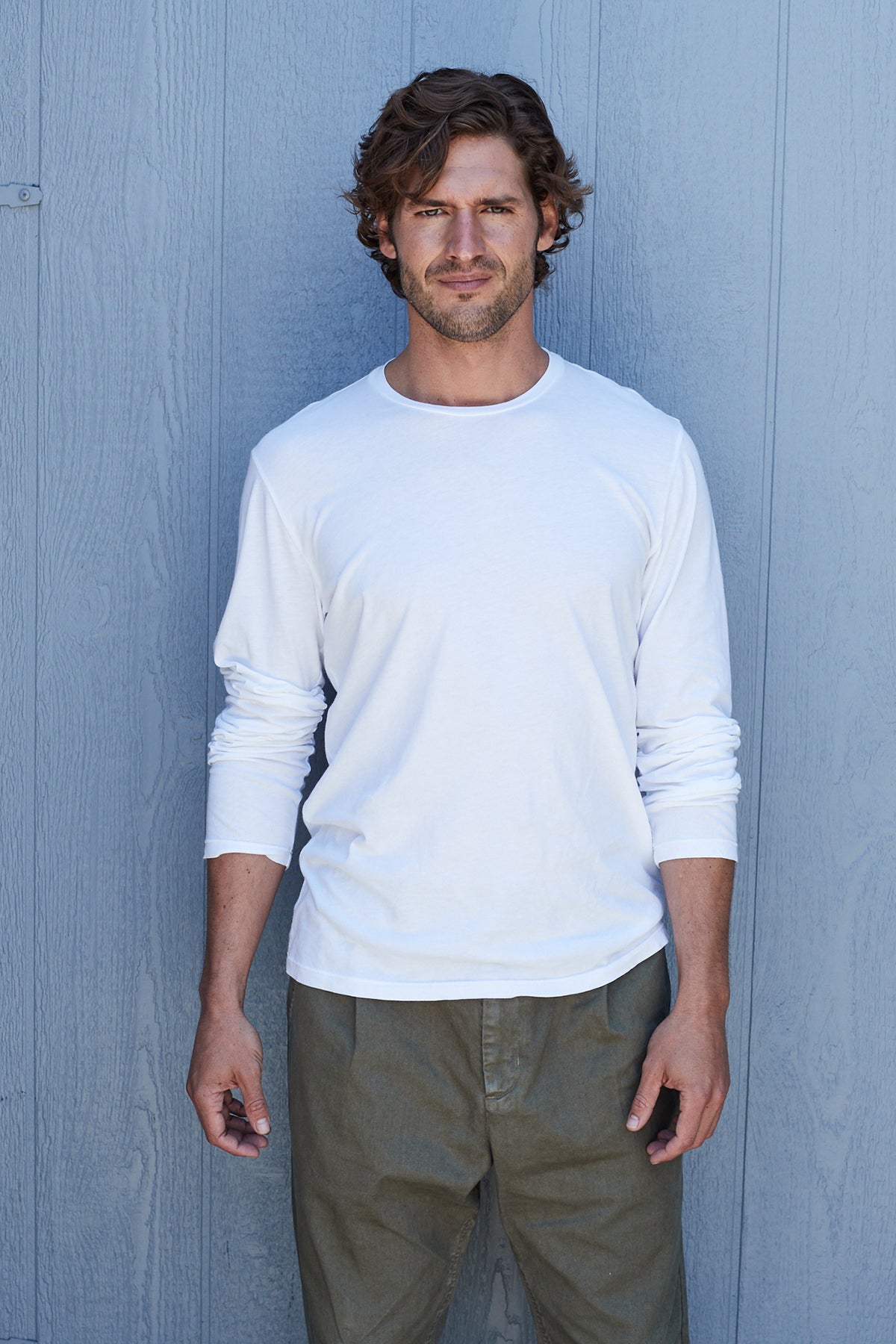 Skeeter Whisper Classic Crew Neck Tee in White with Vinny Pant Front 2-25167476490433
