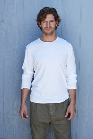 Skeeter Whisper Classic Crew Neck Tee in White with Vinny Pant Front 2