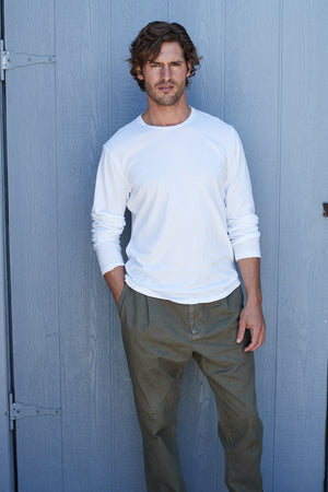 Skeeter Whisper Classic Crew Neck Tee in White with Vinny Pant Front
