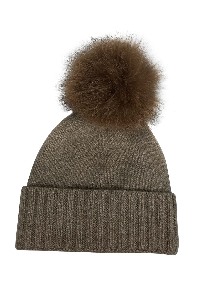 Cashmere Fur Pom Beanie Folded Taupe