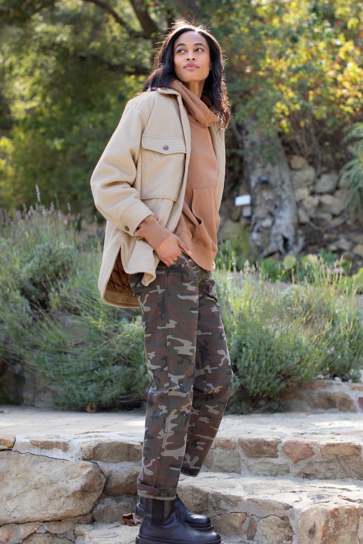   Arianna Shacket Khaki paired with Ora Hoodie Tiki and Ottie Pant Camo Front & Side Lifestyle 