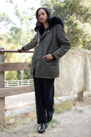 Tiffany Parka Olive with Harlow Denim Noir Front Lifestyle
