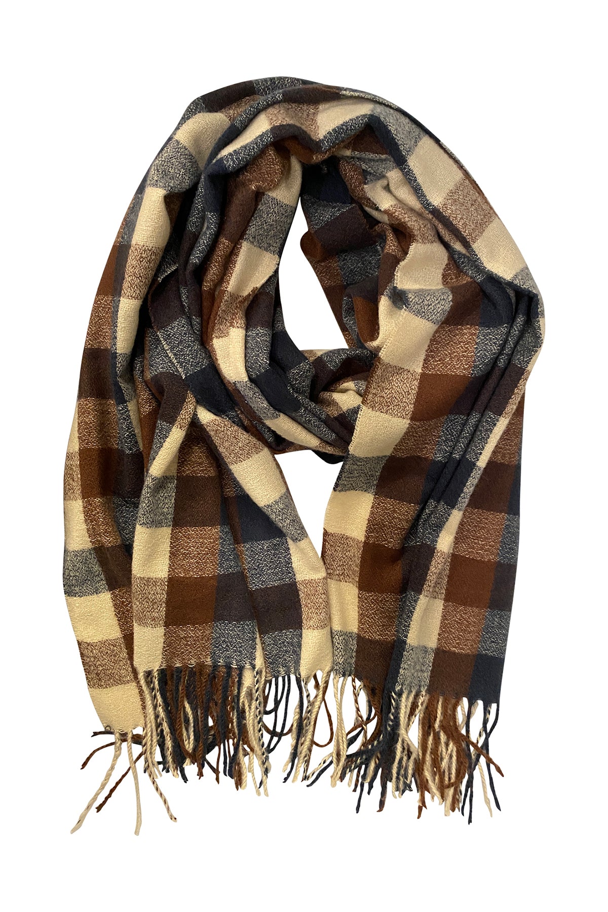   Buffalo Check Scarf in Navy, Brown, and Cream 