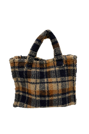 A SMALL TEDDY TOTE by Velvet by Graham & Spencer featuring shades of brown, navy, and beige with two short handles. The fabric has a soft, textured appearance, perfect for an everyday tote.