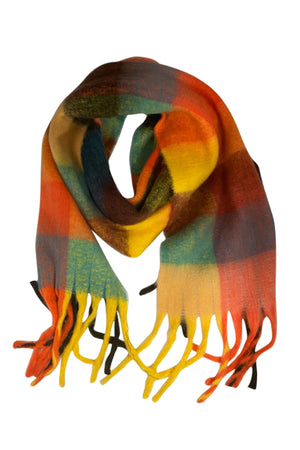 The STUDIO LOFTY FRINGE SCARF by Velvet by Graham & Spencer is a multicolored plaid accessory that features a blend of yellow, red, blue, green, and orange tones with fringed ends—an ideal addition for cold weather.