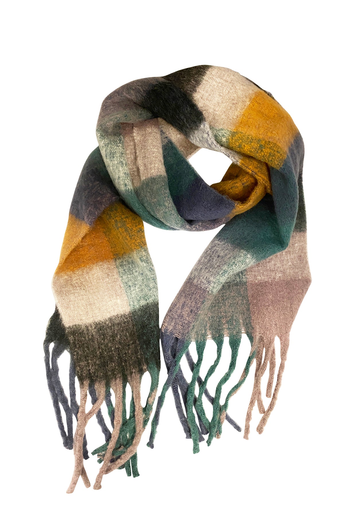 The STUDIO LOFTY FRINGE SCARF by Velvet by Graham & Spencer is a stunning multicolored plaid accessory with fringed ends, showcasing shades of yellow, green, blue, and beige—ideal for cold weather.-25421197967553