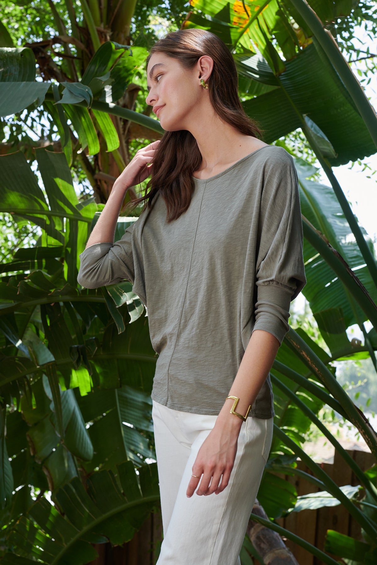   Joss Dolman Sleeve Tee in Basil Side and Front 