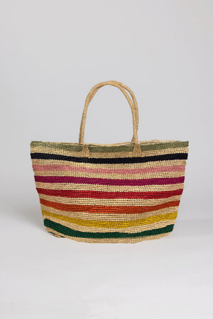 An AURORA RAFFIA TOTE from Velvet by Graham & Spencer - a multi-colored striped straw bag with handles.