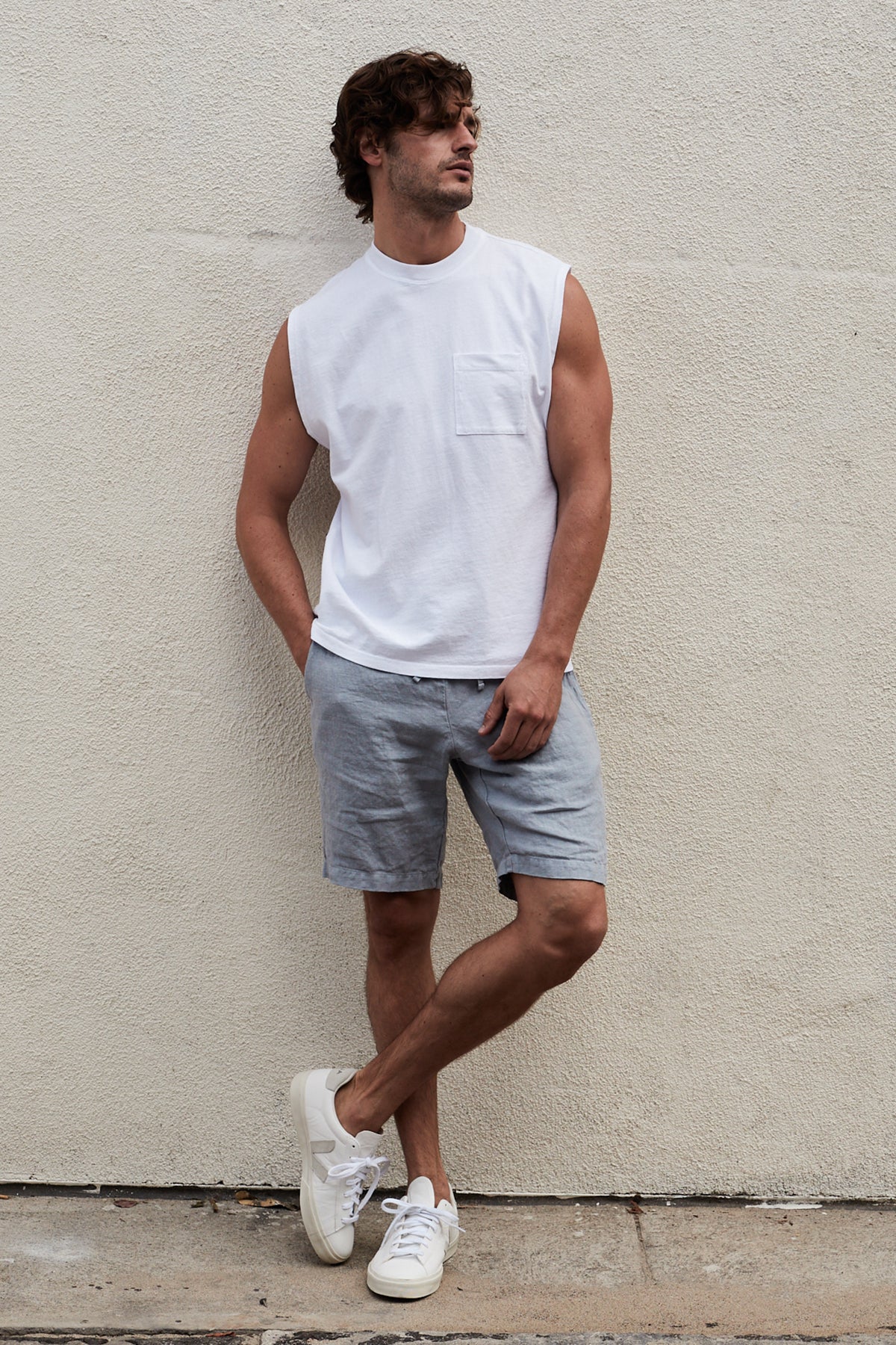 Bodhi Crew Neck Muscle Tee in White with Jonathan Short in Chambray Front 2-24705622573249