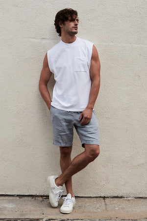 Bodhi Crew Neck Muscle Tee in White with Jonathan Short in Chambray Front 2