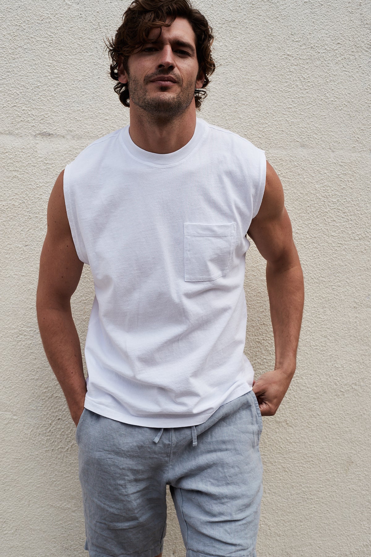 Bodhi Crew Neck Muscle Tee in White with Jonathan Short in Chambray Front-24705622606017