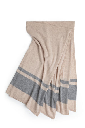 A cozy LIV CASHMERE THROW BLANKET by Jenny Graham Home, featuring beige and grey stripes, on a white background.
