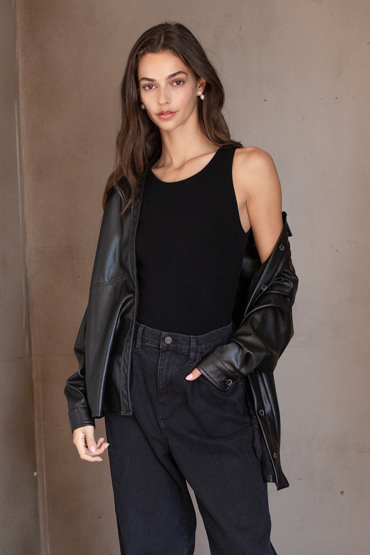 Blake Tank Top Black paired with Anny Shacket Vegan Leather and Harlow Denim Noir Front-23627364303041