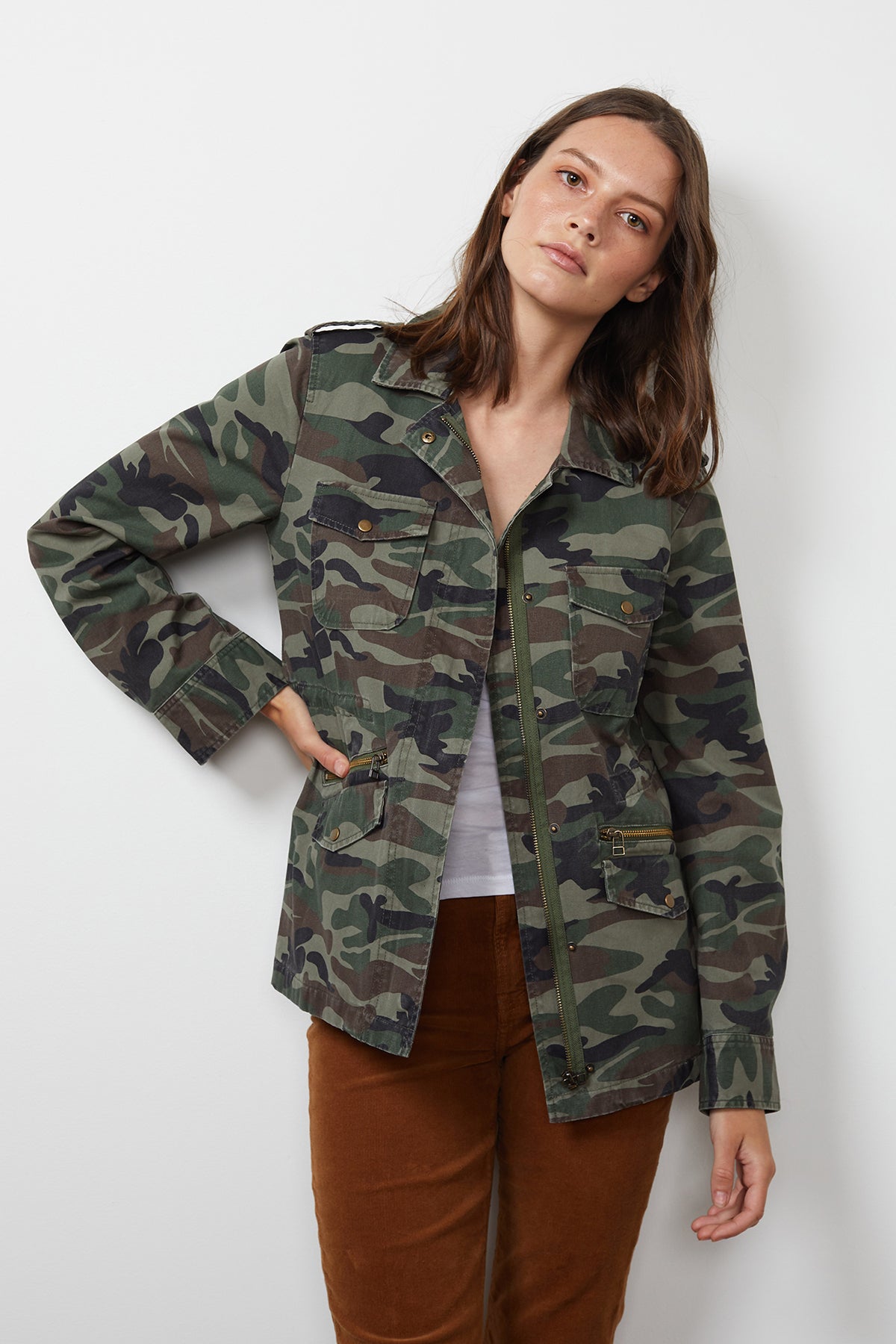 a woman wearing a Velvet by Graham & Spencer RUBY LIGHT-WEIGHT ARMY JACKET.-22115424436417