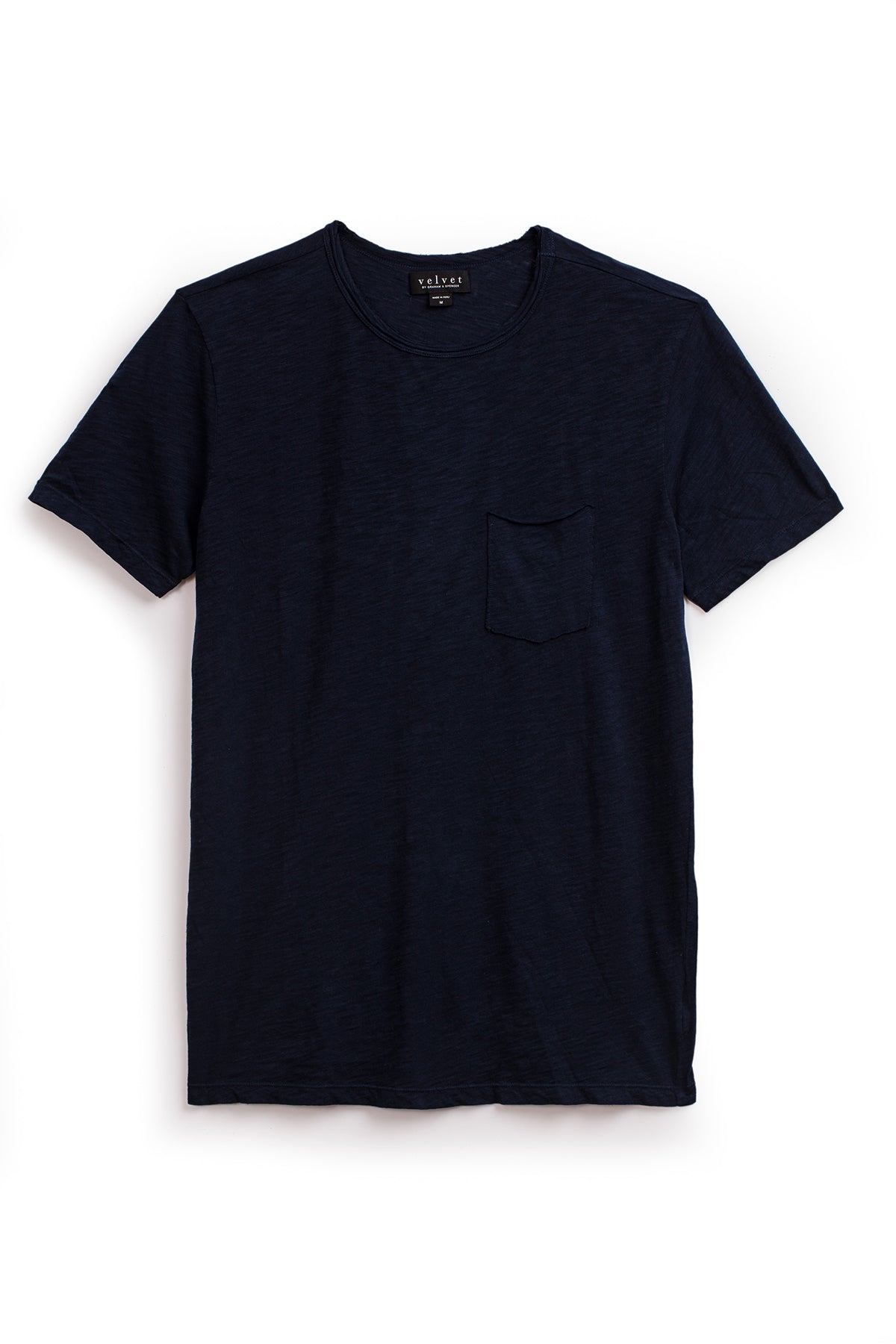 Plain dark blue Chad Tee with a crew neck and a small pocket on the left chest, crafted from textured cotton slub, displayed against a white background by Velvet by Graham & Spencer.-20868653220033