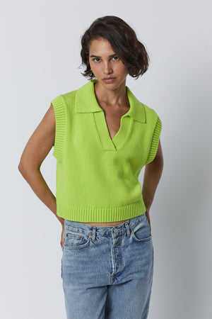 Avalon Sweater Tank in acid neon lime color with blue denim front