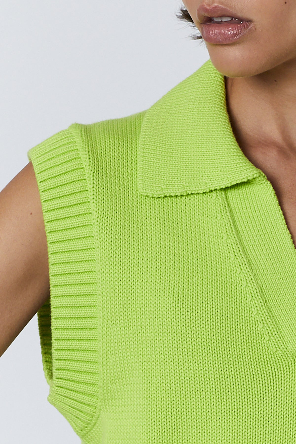   Avalon Sweater Tank in acid neon lime color collar and sleeve frontdetail 