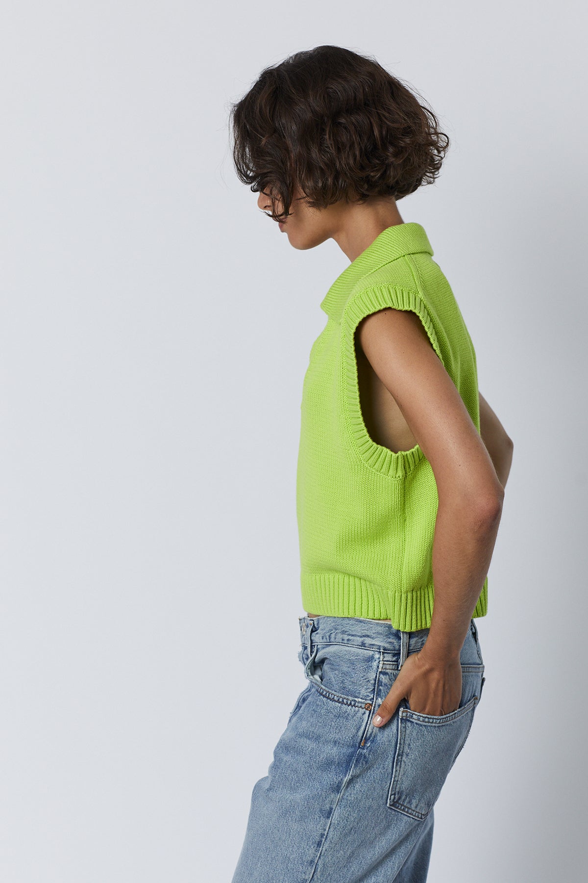 Avalon Sweater Tank in acid neon lime color with blue denim side-26002773311681