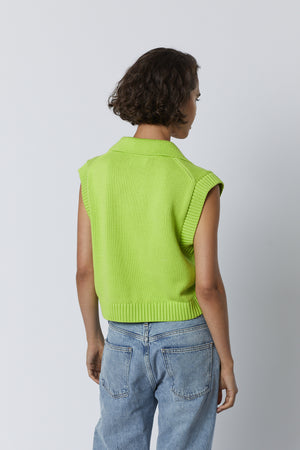 Avalon Sweater Tank in acid neon lime color with blue denim back