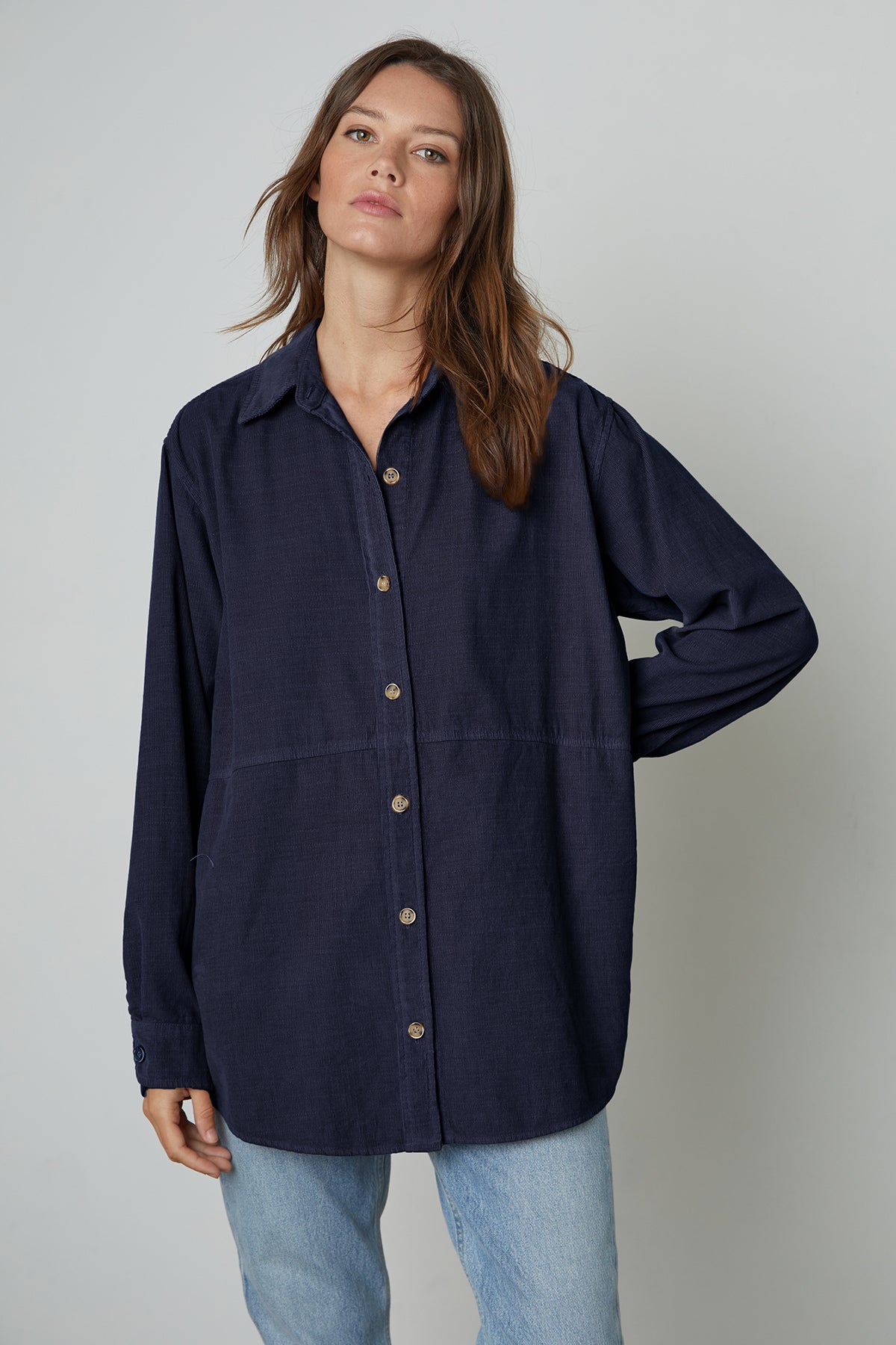 Jeslyn Corduroy Button-Up Shirt in dark blue night color front-25052438298817