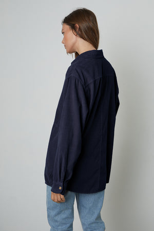 Jeslyn Corduroy Button-Up Shirt in dark blue night color side and back