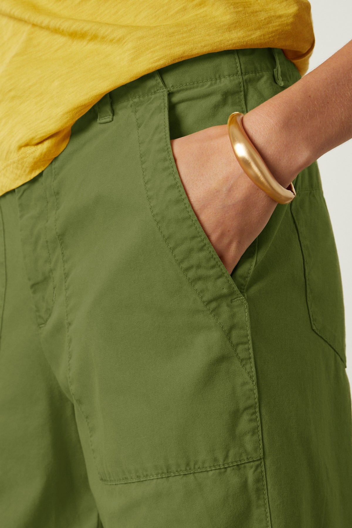   Mya Pant in soft army green color front pocket detail 