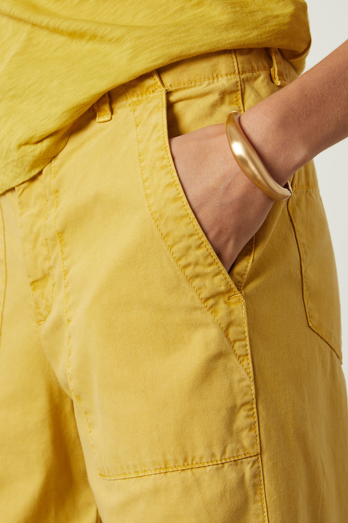   Mya Pant in golden yellow aurora color front pocket detail 