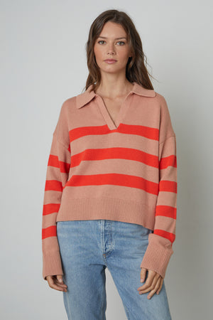 Lucie Striped Polo Sweater in Pink/Flame Front 2