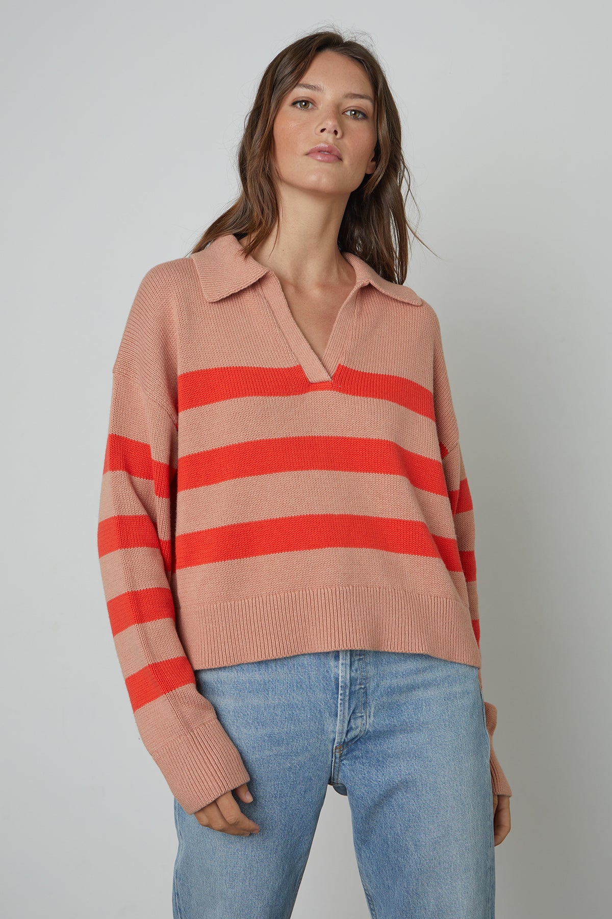 Lucie Striped Polo Sweater in Pink/Flame Front-25315481387201
