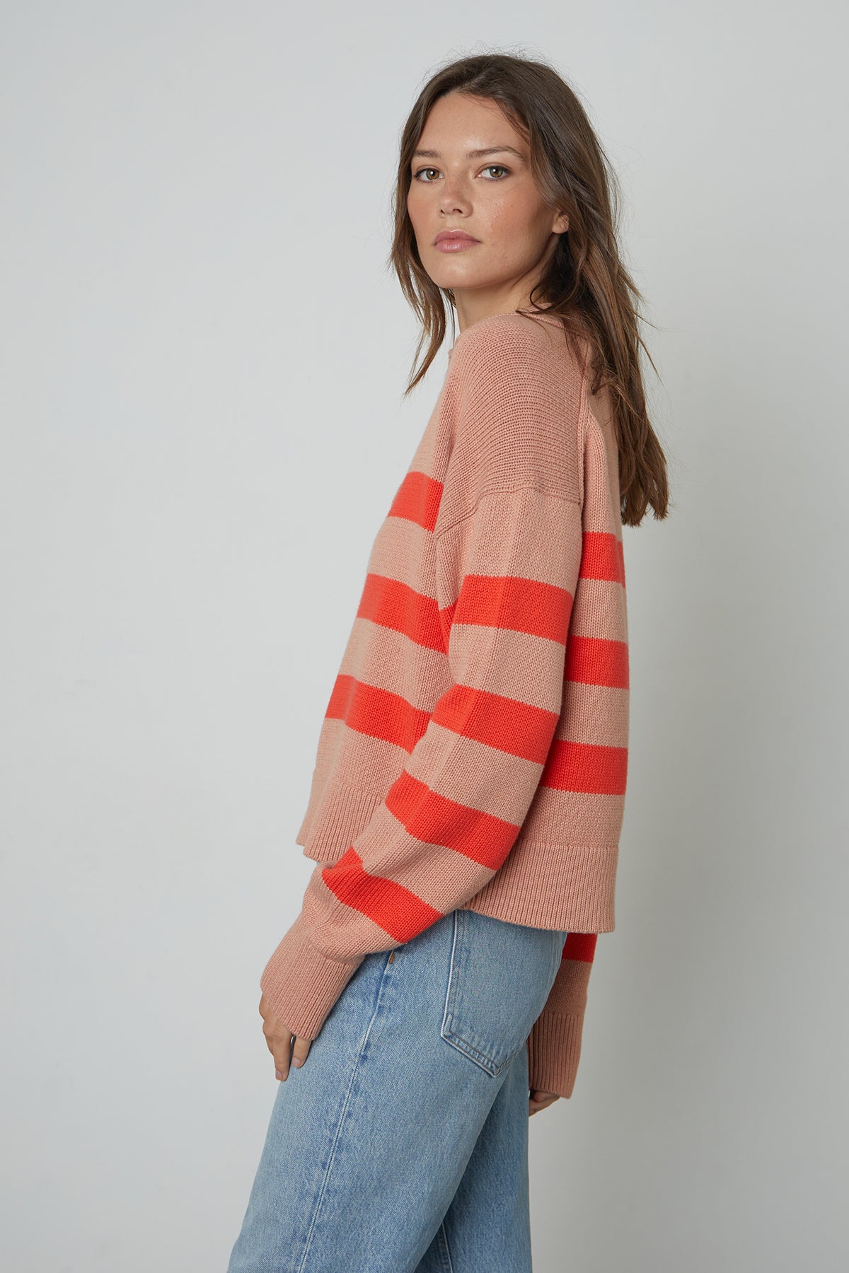 Lucie Striped Polo Sweater in Pink/Flame Side-25315485581505