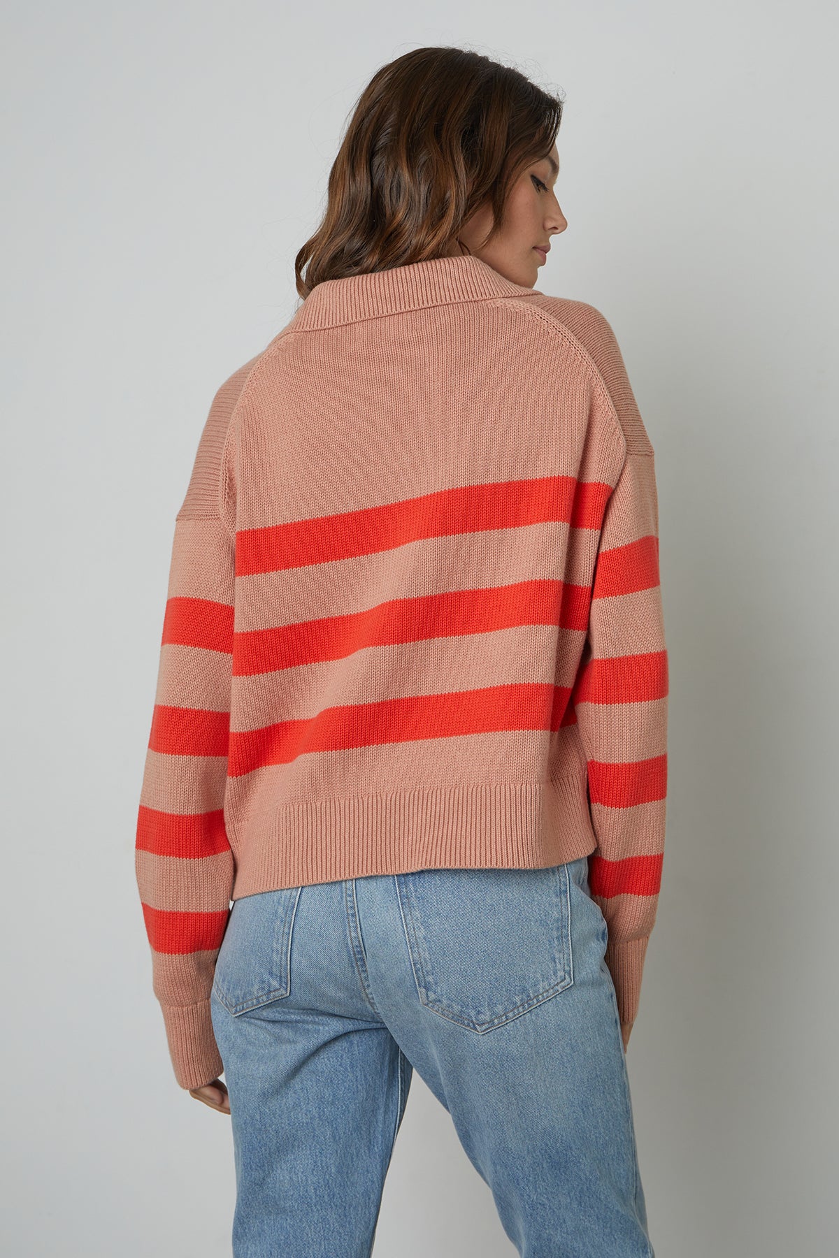  Lucie Striped Polo Sweater in Pink/Flame Back 