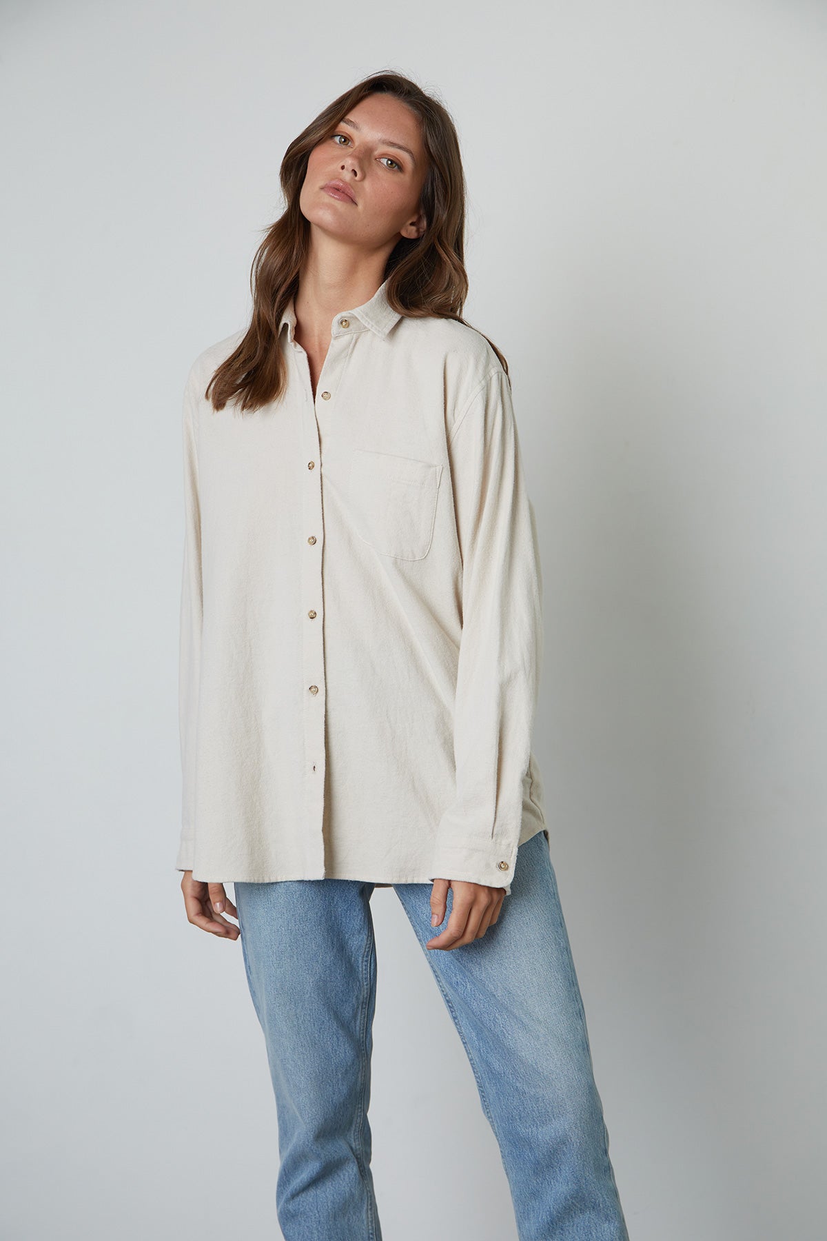 Chelsey Button-Up Shirt in cream colored flannel front-25053019799745