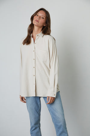 Chelsey Button-Up Shirt in cream colored flannel front