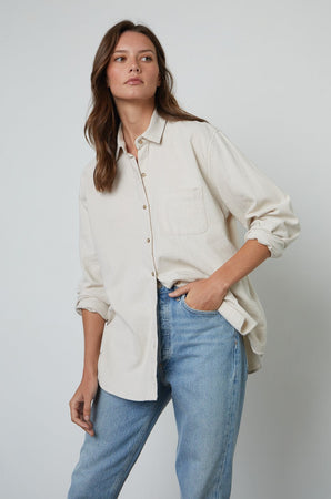Chelsey Button-Up Shirt in cream colored flannel front 2