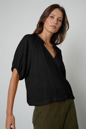 Annette Cotton Gauze Top in black front view with vera pants