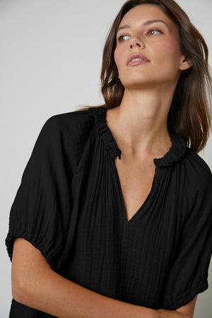 Annette Cotton Gauze Top in black close up view