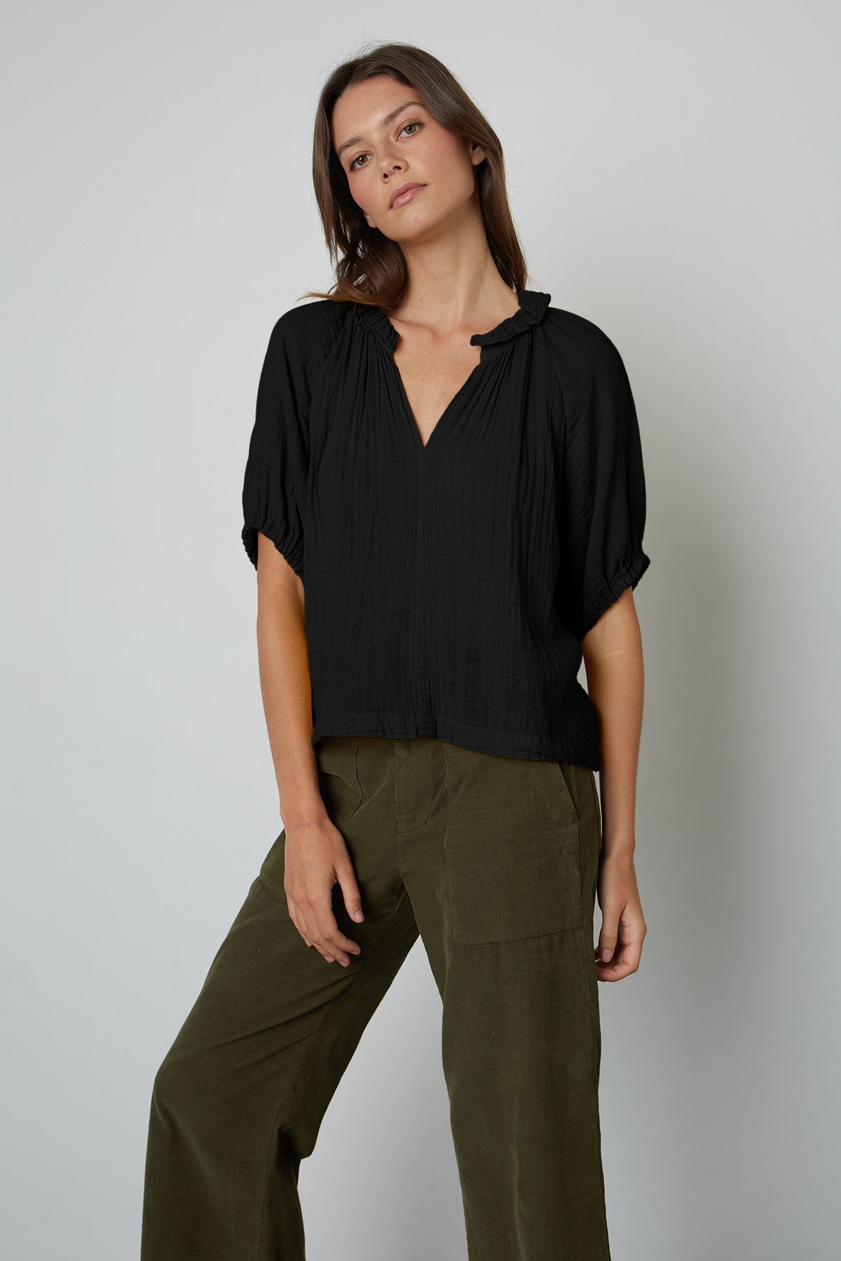   Annette Cotton Gauze Top in black full view with vera pants 