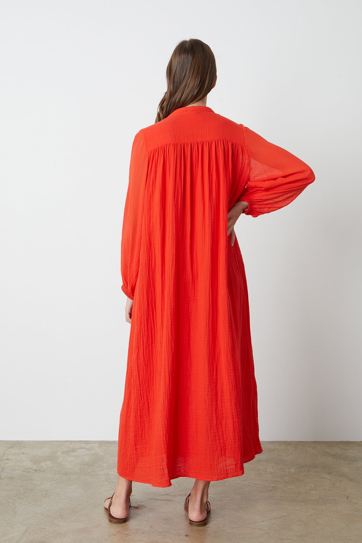   Carmella Maxi Dress in bright red cardinal color gauze full length back 