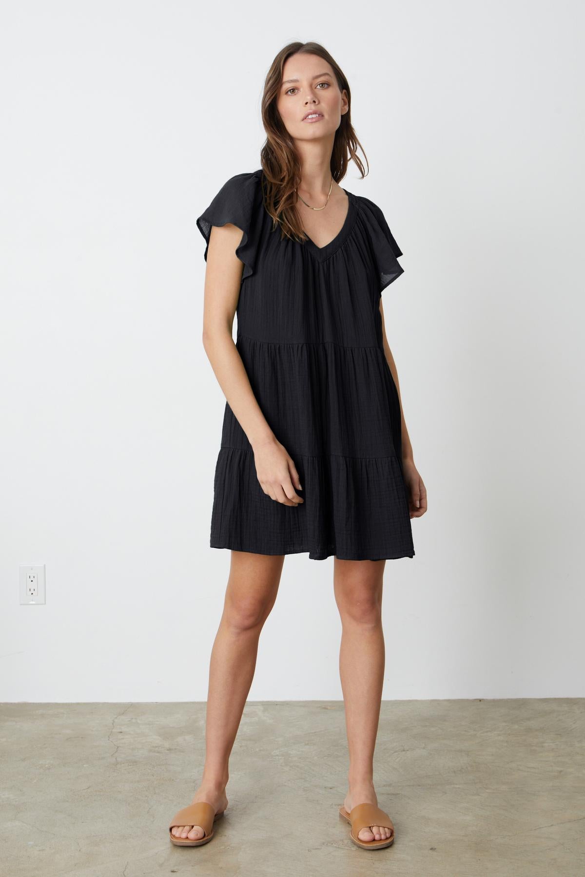 Eleanor Tiered Dress in black cotton gauze full length front-26262132588737
