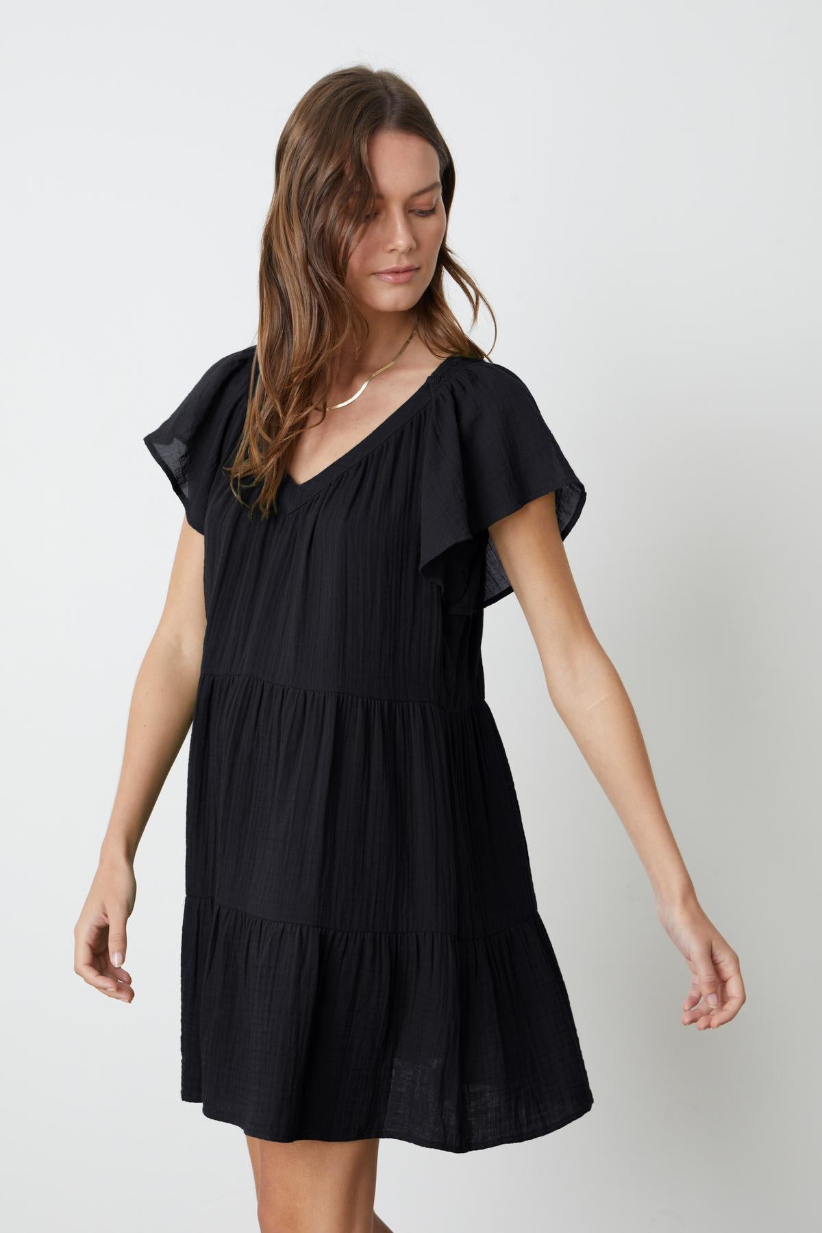 Eleanor Tiered Dress in black cotton gauze front & side-26262132654273