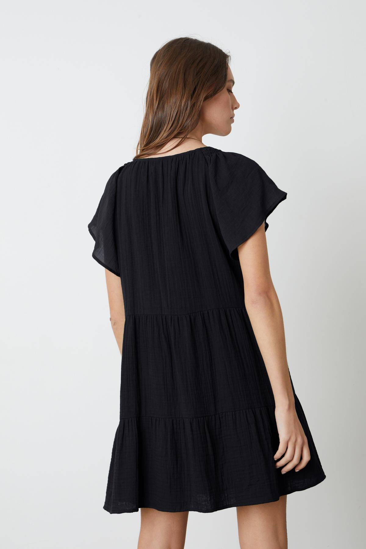 Eleanor Tiered Dress in black cotton gauze back-26262132687041