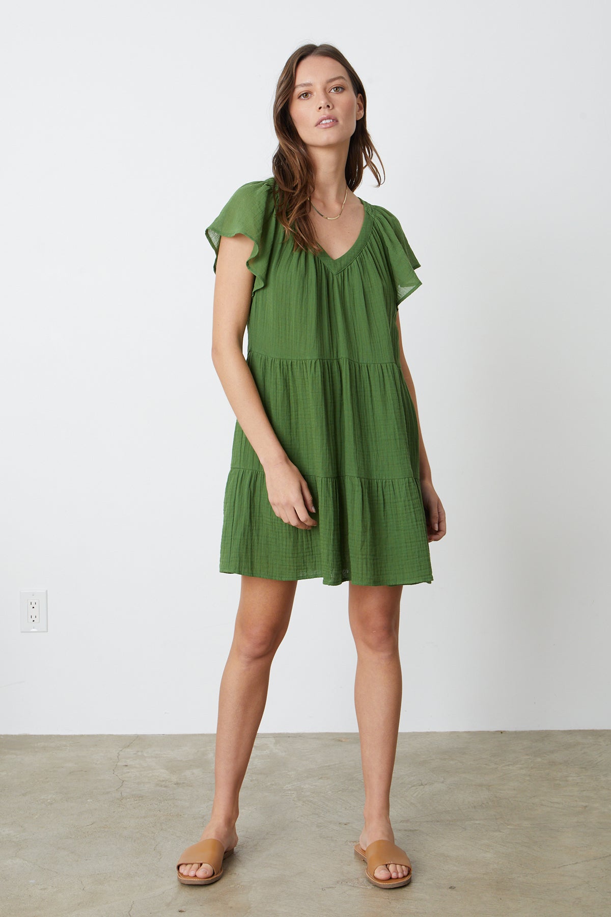    Eleanor Tiered Dress in garden green cotton gauze full length front 